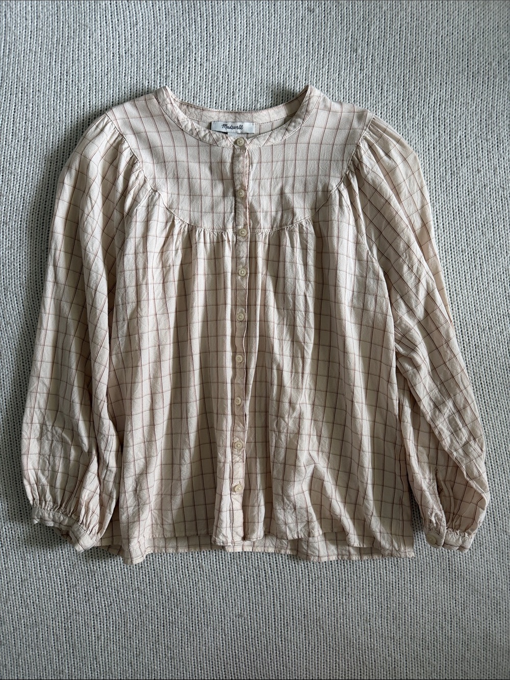Madewell Balloon-Sleeve Peasant Top Ivory Windowpane Plaid Size XS